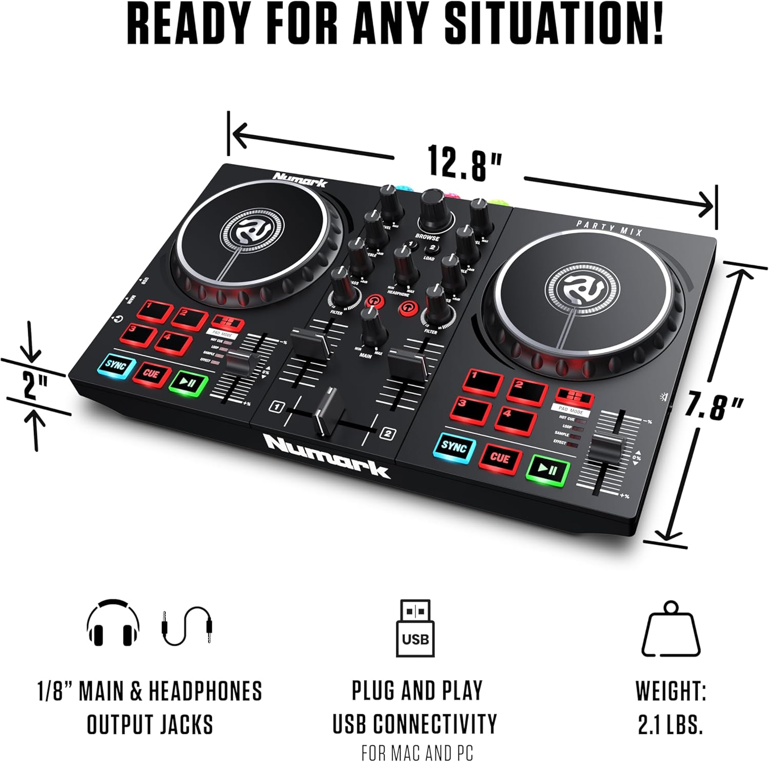 Beginner DJ Set - Numark DJ Controller and DJ Headphones plus M-Audio DJ Monitor Speakers with Serato DJ Lite and Party Lights