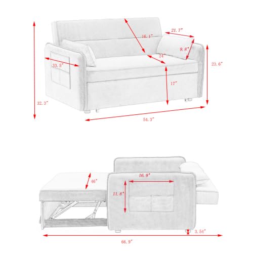 Sleeper Pullout Bed 3-in-1 Includes Two Pillows 54" Velvet Couch Sofa Reclining Backrest, Storage Pockets – Modern with Small Space for Living Room, Pink