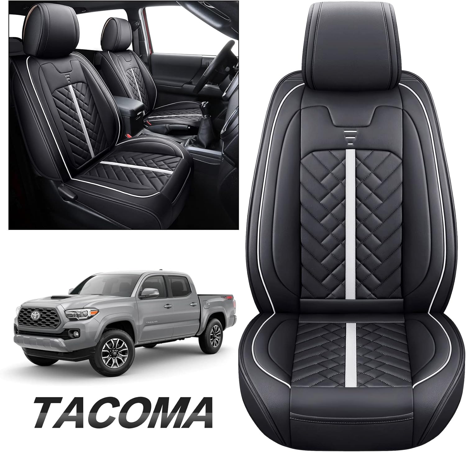 Tomatoman Toyota Tacoma Seat Covers Fit for 2005-2022 Crew Double Cab TRD Off-Road Pro Limited Trail Edition SR5 V6 Pickup Truck Compatible Airbags Car Cushions(Full Set/Black-White)