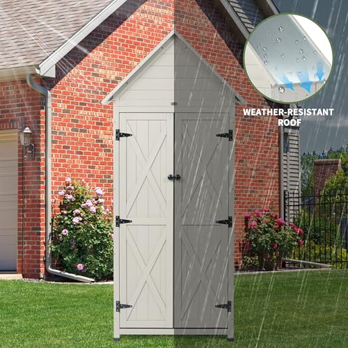 Outdoor Storage Shed with Floor & Adjustable Shelves, Wooden Garden Tool Cabinet Weatherproof, 71" Vertical Patio Organizer