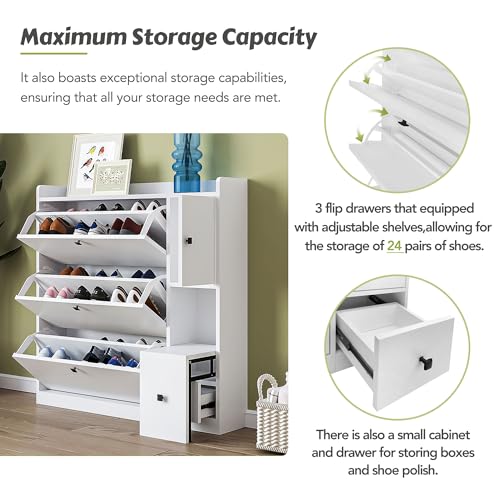 Entryway Shoe Storage Cabinet Slim with 3 Flip Drawers, Modern Slim Hidden Shoe Cabinet, Free Standing Shoe Rack for Entryway 24 Pair Shoes with Pull-Down Seat for Hallway (Black)