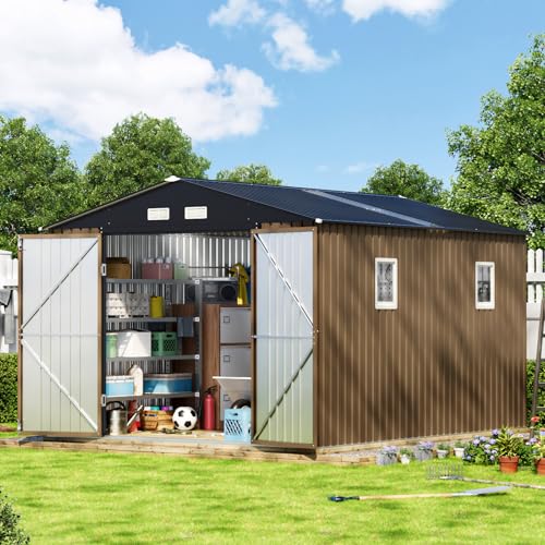 10X12X7.5 FT Outdoor Steel Storage Shed with Lockable Doors, 2 Windows, Transparent Roof Panels (Wood Panels & Frame Floor Not Included), Ideal for Patio Storage,Garbage Can, Chicken Coop，Brown
