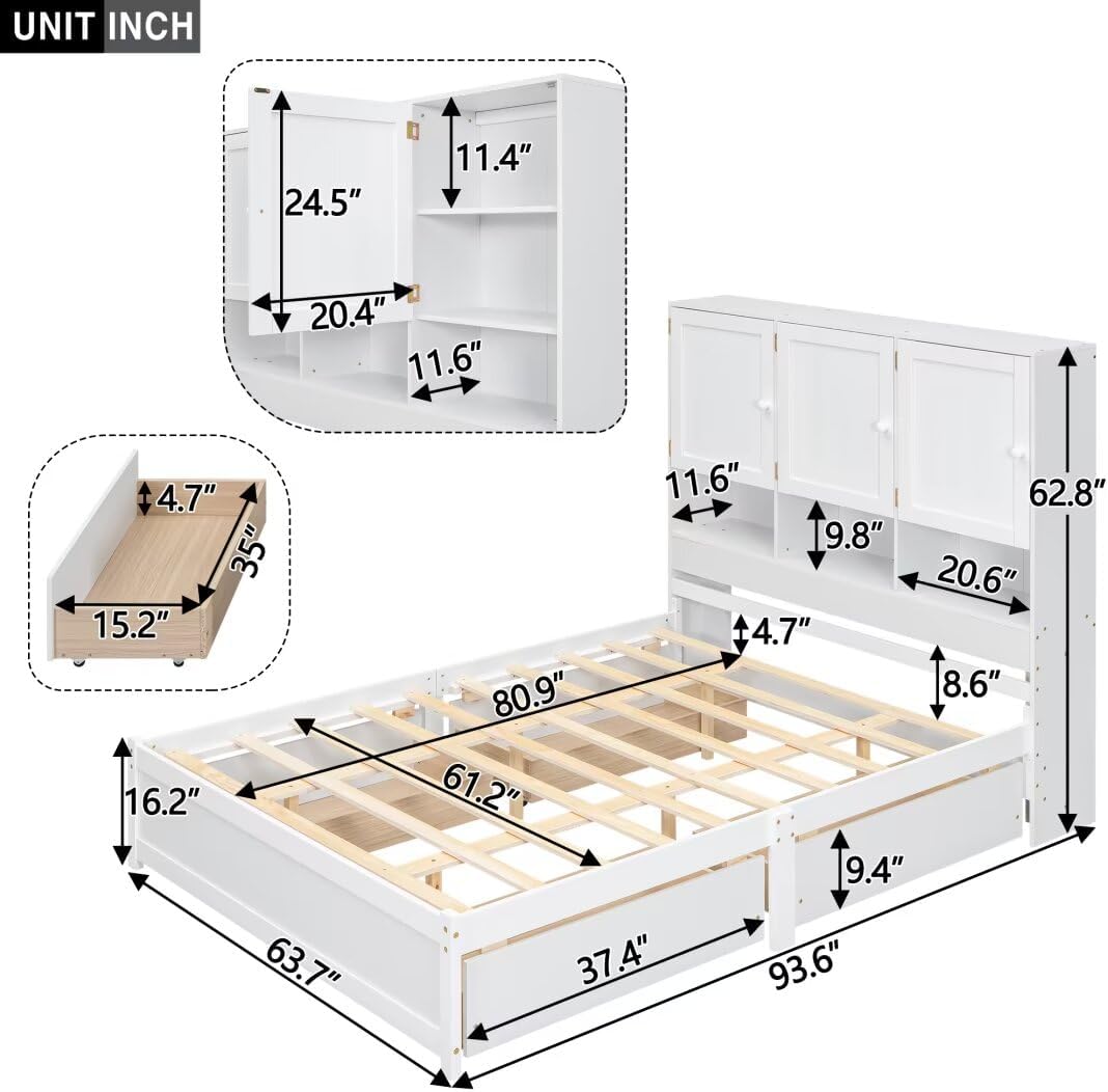 Modern Designs Queen Size Platform Bed with 4 Storage Drawers & Bookcase Headboard, Wooden Full Bed Frame with Charging Station for Kids Teens Adults, No Box Spring Needed, White