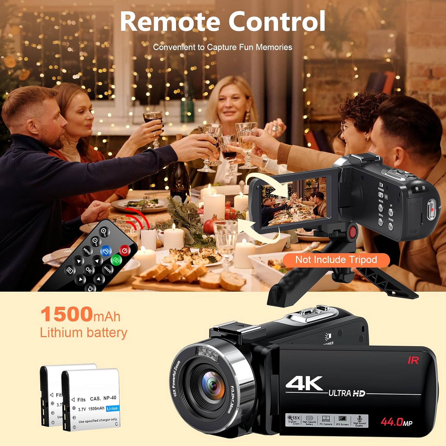 4K Camcorder Video Camera Ultra HD 44MP Vlogging Camera for YouTube 18X Digital Zoom Camcorder 3.0" IPS Screen Video Recorder with External Mic, Controller, 2 Batteries and 32G SD Card