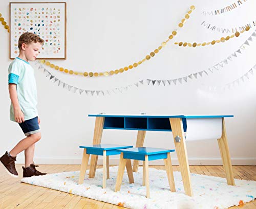 Wildkin Kids Arts and Crafts Table Set for Boys and Girls, Mid Century Modern Design, Includes Two Stools, Paper & Storage Cubbies Underneath Helps Keep Art Supplies Organized (Gray) , Grey