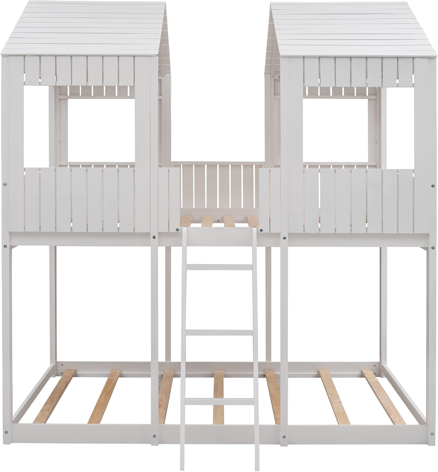 Solid Wood Full Over Full House Bunk Bed with Roof and Ladder, Kids Low Bunkbeds Playhouse with Window & Guard Rail, for Boys Girls Bedroom, White