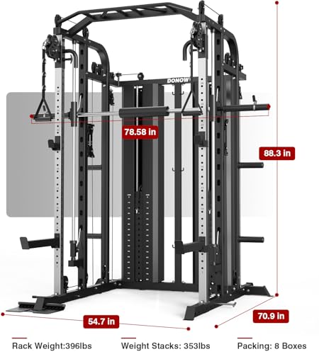 DONOW Smith Machine with Weight Stacks Power Cage Squat Rack Dual Cable Crossover Machine Home Gym Systems Station LAT Pull Down