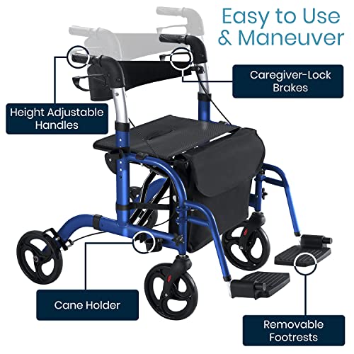 Vive 2 in 1 Rollator Transport Wheelchair Walker for Seniors - Lightweight, Foldable, Medical 4 Wheel Chair Combo with Seat - Portable Walking Mobility Aid for Men Women, 300 Pound Capacity