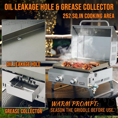 Onlyfire Flat Top Gas Griddle, 2-Burner Tabletop Propane Gas Grill Griddle, Portable Griddle for Outdoor Cooking Kitchen, Tabletop Griddle for BBQ Grill Camping Tailgating RV, Stainless Steel