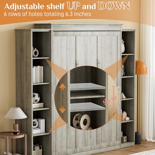 Queen Murphy Bed with Storage Bookcase & 4 Adjustable Shelves, Foldable Space-Saving Queen Wood Wall Bedframe with Metal Legs, Hidden Bedframe for Guest Room, Study, Home Office, Bedroom, Gray