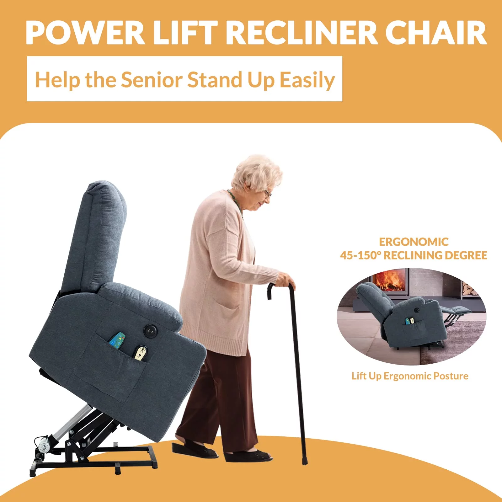 W WARMHOL Electric Power Lift Recliner Chair with Heat and Massage Lift Recliner for Elderly, Single Sofa recliners for Living Room with Cup Holders, 4 Pockets, USB Ports, Soft Fabric (Gray-Blue)