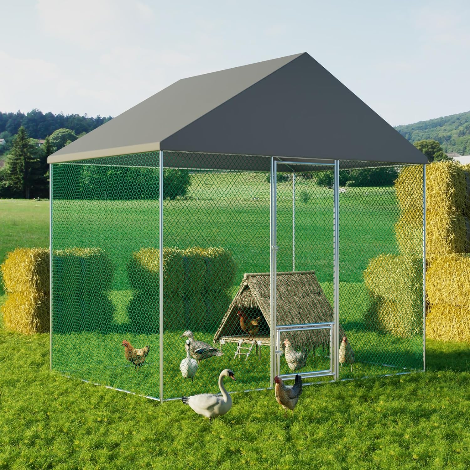 Large Chicken Coop Run Outdoor: Walk-in Poultry Hen Cage Run House with Small Feeding Door and Stakes - 9Ft Extra Tall Full Covered Chickens Habitat Crate Fence with Waterproof Anti-Ultraviolet Cover