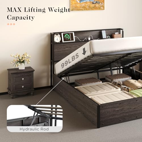 Albott Full Size Bed Frame with Lift Up Storage, Wooden Platform Bed Frame with Storage Headboard ＆ Charging Station, No Spring Box Needed/Noise Free, Rustic Brown
