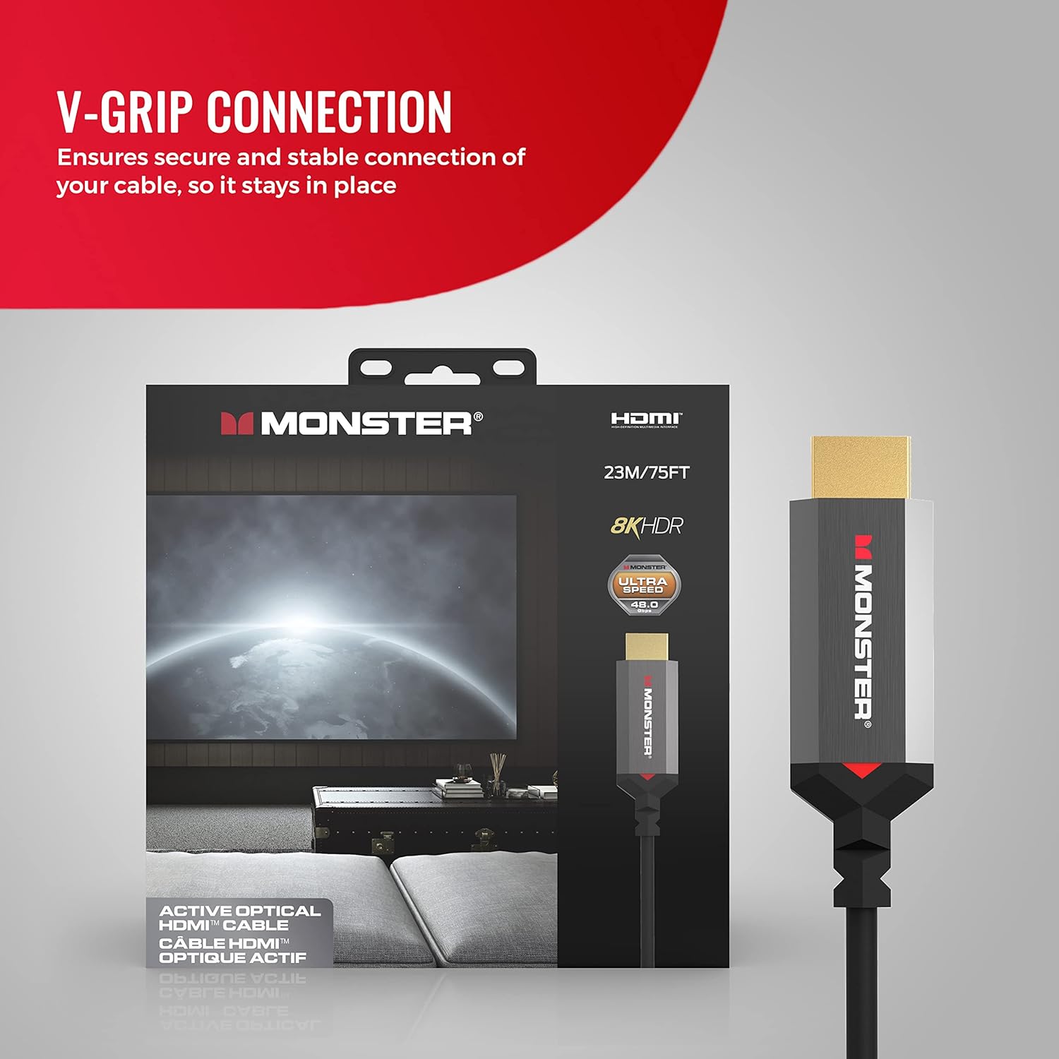 Monster Essentials HDMI 2.1-48 Gbps Active Optical Cable Featuring Aluminum Extrusion Connector - Supports 8K @ 60HZ, 4K @ 120HZ, Premium Certified, V-Grip, 15 Meters