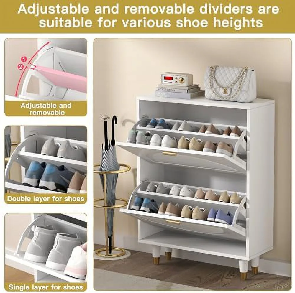 NLIBOOMLife Shoe Cabinet for Entryway Slim  Hidden Shoe  Cabinet White  Narrow Shoe Organizer with Doors  2 Flip Drawer Shoe Rack Cabinet with Doors  Thin Shoe Dresser Wood