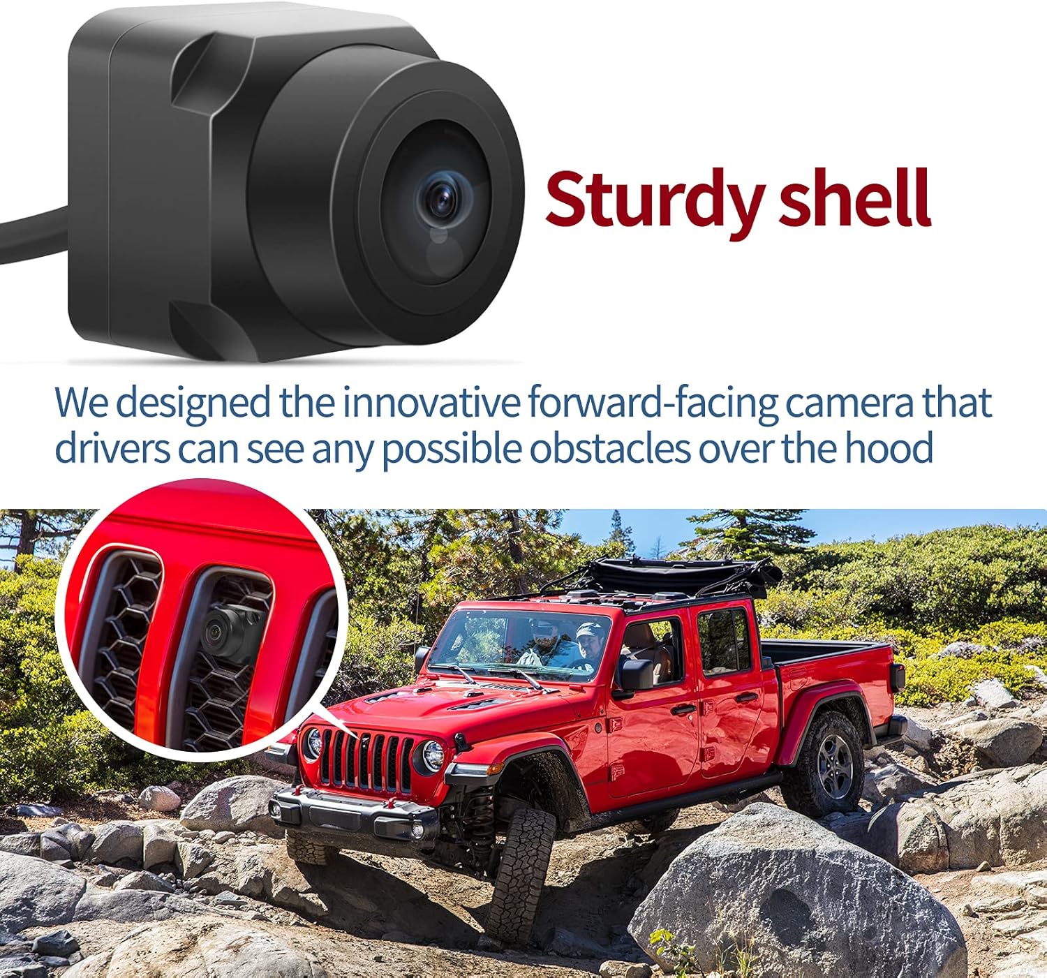 RED WOLF for Jeep Wrangler JL/JLR/JLU/JT Gladiator Rubicon Off-Road Add Front Forward Facing View Camera 2018-2021 Front Trail Cargo Camera Mount on Trucks Grille Waterproof Front View