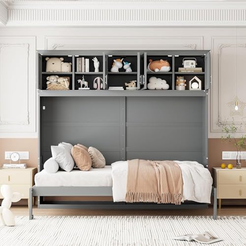 MERITLINE Queen Horizontal Murphy Bed Cabinet with Storage Bookcase Shelves and Charging Station,Wood Folding Grey Murphy Wall Bed for Adult