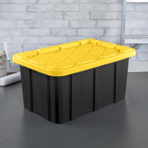 Sterilite 38 Gallon Industrial Stackable Storage Tote Snap-Fit Lidded Home Garage Organization Container with Carrying Handles, 8 Pack, Black/Yellow