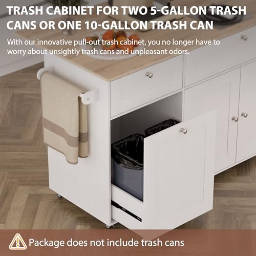 Kitchen Island on Wheels with Storage and Power Outlet, Kitchen Island with Trash Can Storage Cabinet and Drop Leaf, with Spice Rack & Towel Rack, Rolling Island Cart for Kitchens (Black)