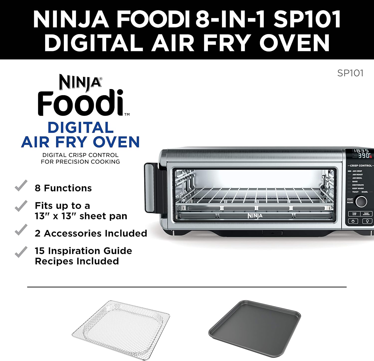 Ninja SP101 Digital Air Fry Countertop Oven with 8-in-1 Functionality, Flip Up & Away Capability for Storage Space, with Air Fry Basket, Wire Rack & Crumb Tray, Silver