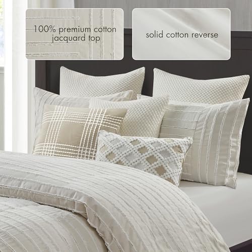 Madison Park King Comforter Set Clipped Jacquard Stripes with Buttons Boho Comforter for a King-Size Bed, Cotton Oversized Comforters with Removable Cover Boho Bedding, King Ivory 9 Piece