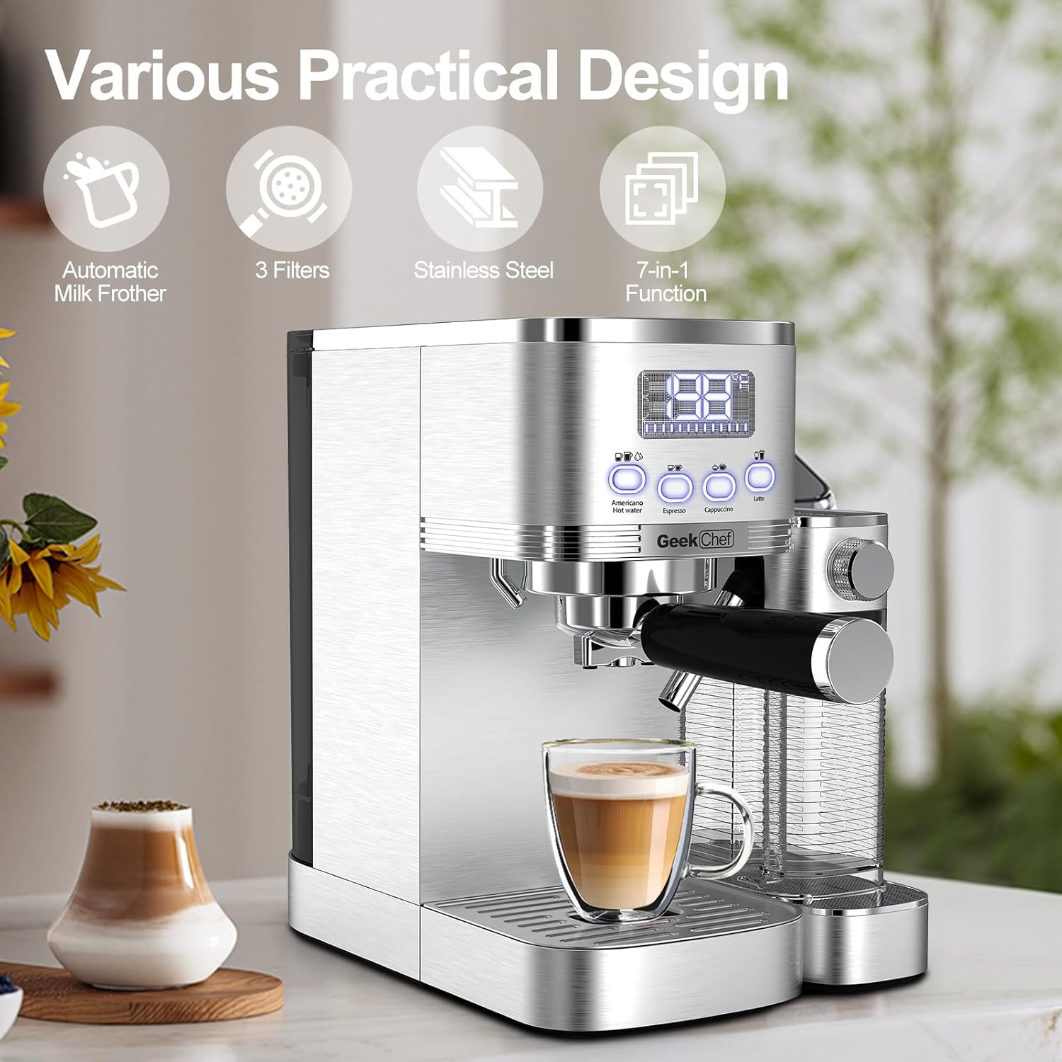 Geek Chef Espresso Machine with Built-In Automatic Milk Frother, 7-in-1 Cappuccino & Latte Machine for Home, 80s Get Americano Coffee, ESE POD Filter, 20 Bar, Stainless Steel