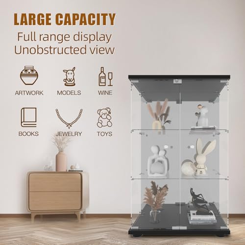 Glass Display Cabinet, 4-Shelf 3 Doors with Mirror & Lock, Tempered Glass Curio Display Cabinet Standing Glass Bookshelf Showcase for Bedroom, Living Room, Black