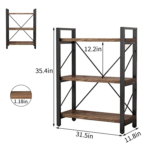 4 Tier Bookshelf Rustic Solid Wood Industrial Style Bookcase,Metal and Real Wood Vintage Bookshelf,Book Shelves Home Office, Retro Brown,Dark Matching credenza (4Tiers)