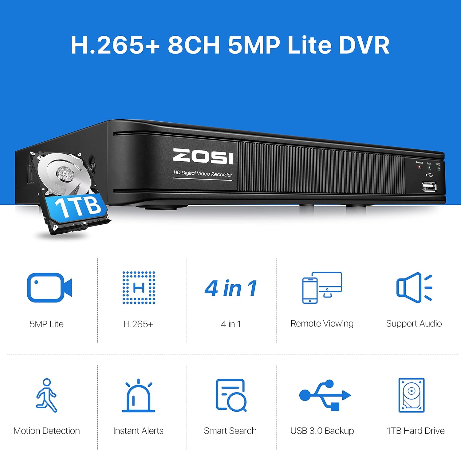 ZOSI H.265+ 5MP Lite 8 Channel CCTV DVR Recorder with Hard Drive 1TB, Remote Access, Motion Alert Push, Hybrid Capability 4-in-1(Analog/AHD/TVI/CVI) Full 1080p HD Surveillance DVR for Security Camera