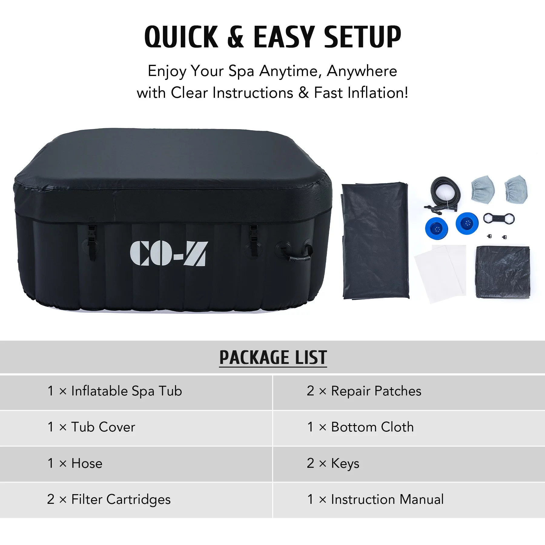 CO-Z 2-4 Person 5' Inflatable Spa Tub with 120 Air Jets Heater Electric Pump Outdoor Hot Tub Black
