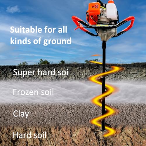 Post Hole Digger,72CC 2 Stroke Auger Post Hole Digger, Gas Powered Earth Digger 3 Auger Drill Bits(4"&8"&12'') and 2 Extension Rods for Farm Garden Plant (72cc Morden Digger)