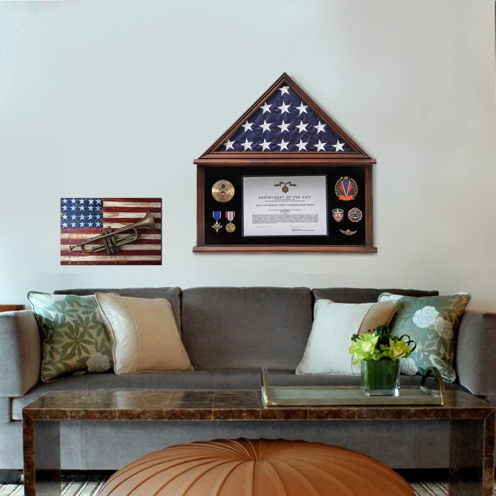 Zmiky Large Burial Flag Display Case American Flag Solid Wood Display Case Fits a 5 X 9.5 Flag Folded Military Shadow Box Flag Display Case with Certificate Holder Walnut Finish