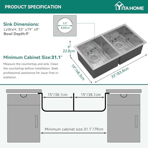 YITAHOME Kitchen Sink 33" x 19" x 10" Undermount Sink 304 Stainless Steel 50/50 Double Bowl Sink with Accessories 16 Gauge for Workstation, Prep Kitchen, Bar Sink