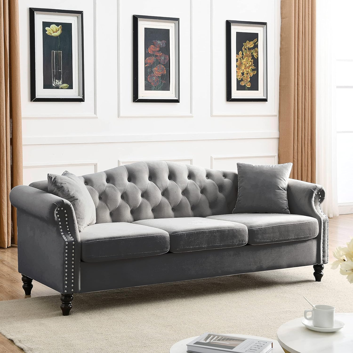 79" Chesterfield Sofa Grey Velvet for Living Room, 3 Seater Sofa Tufted Couch with Rolled Arms and Nailhead for Living Room, Bedroom, Office, Apartment, 2 pillowsW834S00012