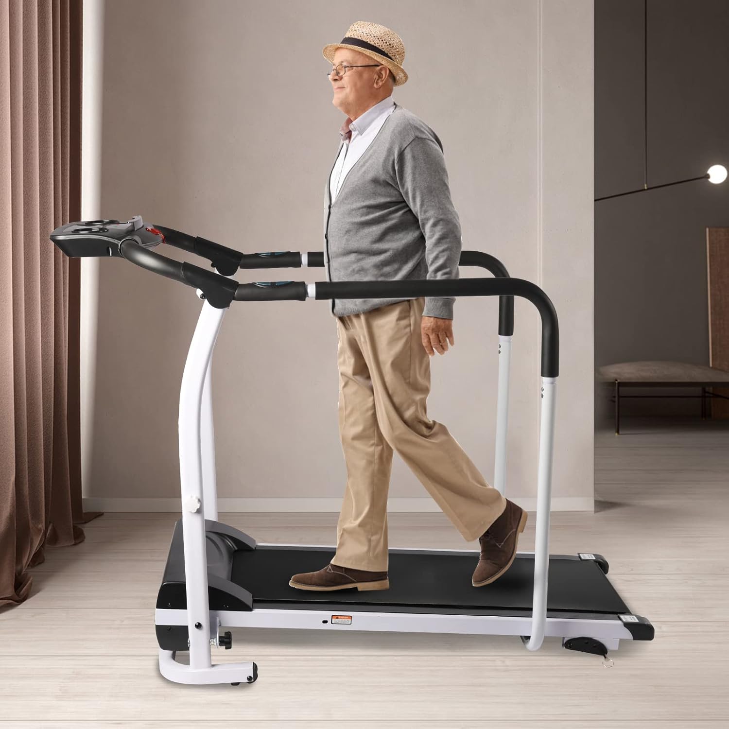 Recovery Fitness Walking Treadmill with Full Length Handrails and Heart Rate Measurement, LCD Display Screen Elderly Treadmill
