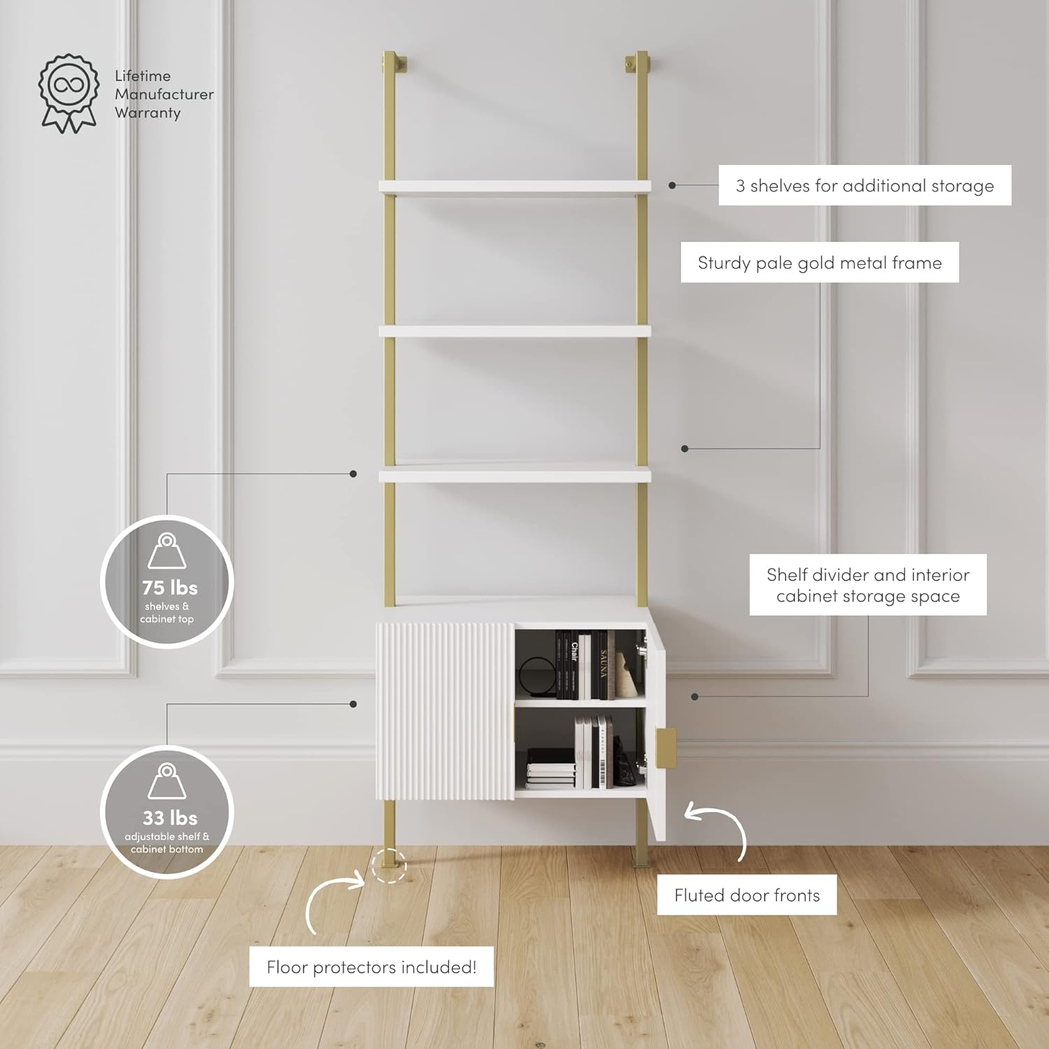 Nathan James Theo Mid-Century Modern Bookcase with Cabinet Fluted Texture, White Open Shelves and Brass Metal Frame Living Room, Home Office Storage, Set of 2