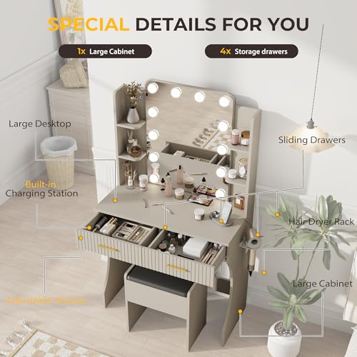 Vanity Desk with LED Lighted Mirror, Makeup Vanity with 3 Adjustable Lights, 2 Large Drawers and 4 Open Shelves, White Vanity with Storage Stool for Bedroom