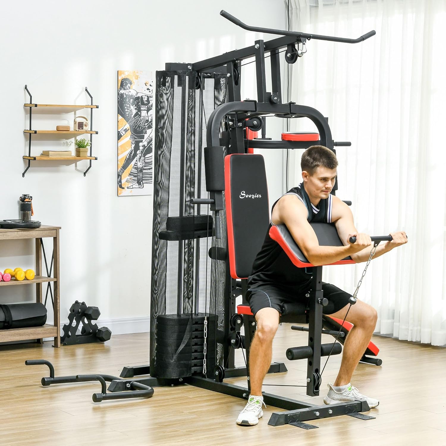 Soozier Multi Gym Workout Station with 143lbs Weight Stack, Home Gym Equipment with Sit up Bench, Push up Stand, Dip Station, Adjustable, for Full Body Strength Training