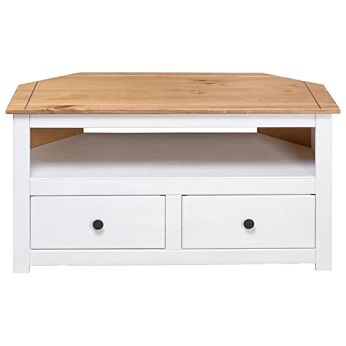 Tidyard Corner TV Cabinet with 2 Storage Drawers and 1 Open Compartment, Pine Wood Television Stand, Wooden Sofa End Table for Living Room Home Furniture 36.6 x 19.3 x 19.3 Inches (W x D x H)