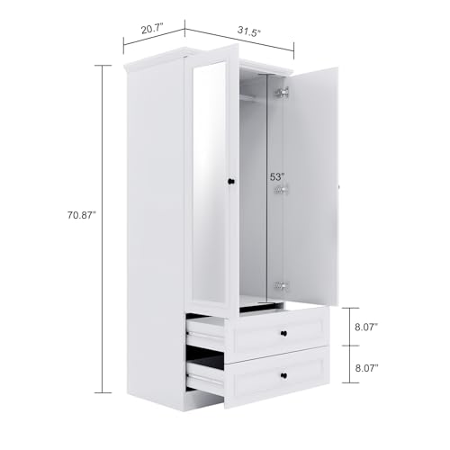 Armoire Wardrobe Closet Wood with 4 Doors 2 Hanging Rods 4 Drawers Mirror Shelving for Spacious Bedroom Armoire Storage Cabinet Large Capacity 61.42" W x 20.59" D x 70.87 "H White
