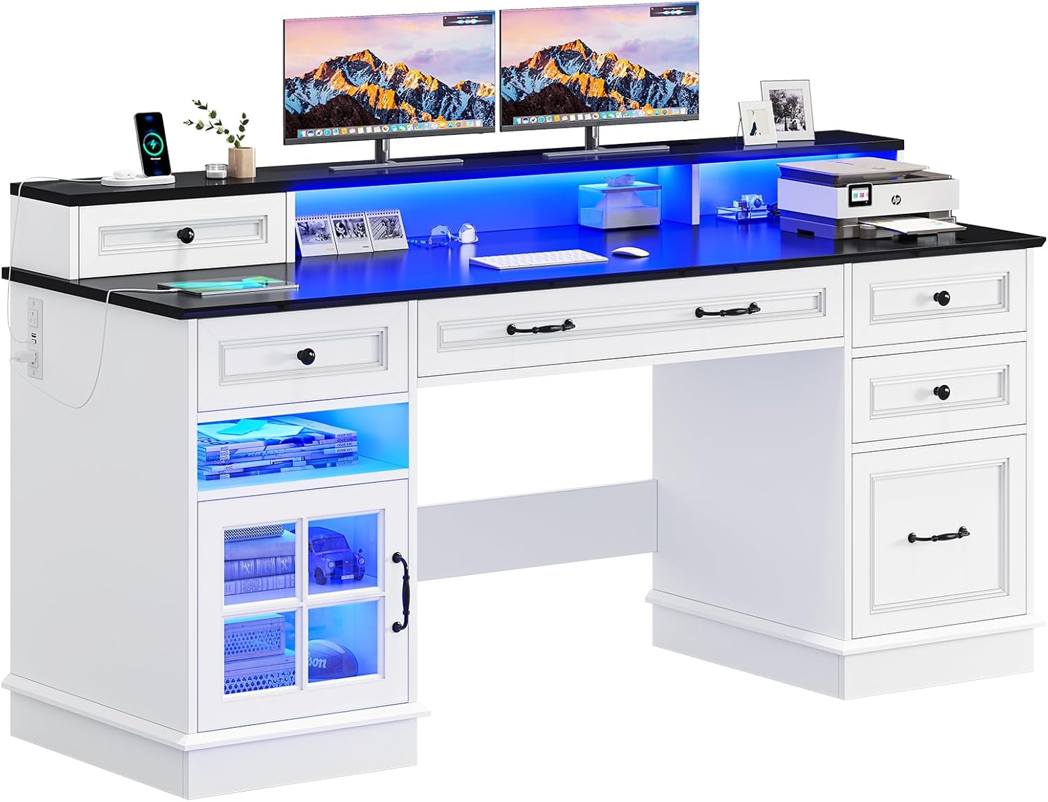Executive Desk, Computer Desk with Drawers & Storage Cabinet, Home Office Desk with File Drawer & Monitor Stand, Writing Desk with Charging Station & LED Lights, White