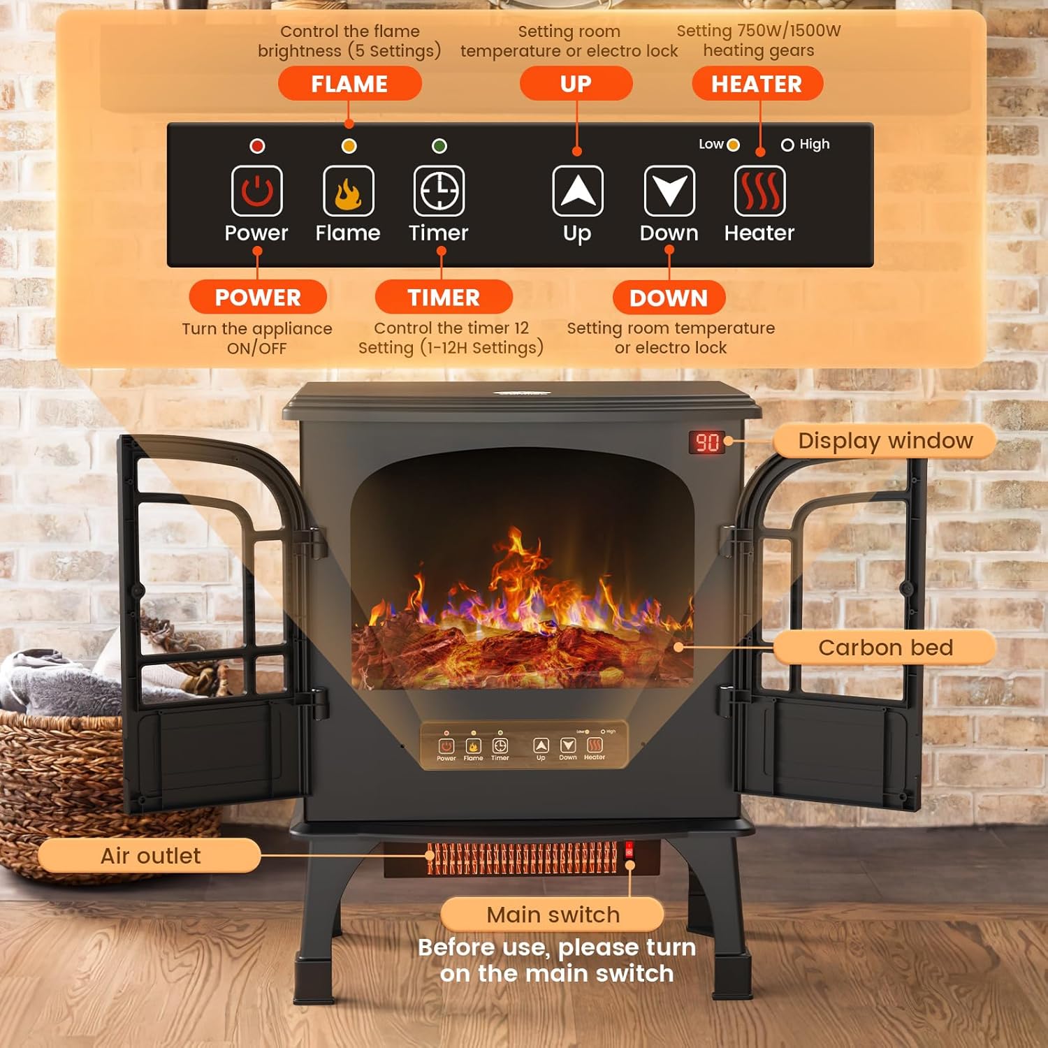 24'' Electric Fireplace Heater, Fire Places Stove with Remote Control, 3D Realistic Flame, Overheating Safety Protection, Timer, 5 Flame Brightness, 2 Heating Mode 750/1500W for Home