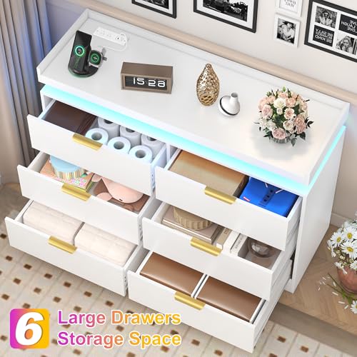 White Dresser with LED Lights, Wooden LED Dresser, 4 Drawer Chest with Charging Station, Tall Chest of Drawer Closet Organizer for Bedroom, Living Room, Entryway, Hallway
