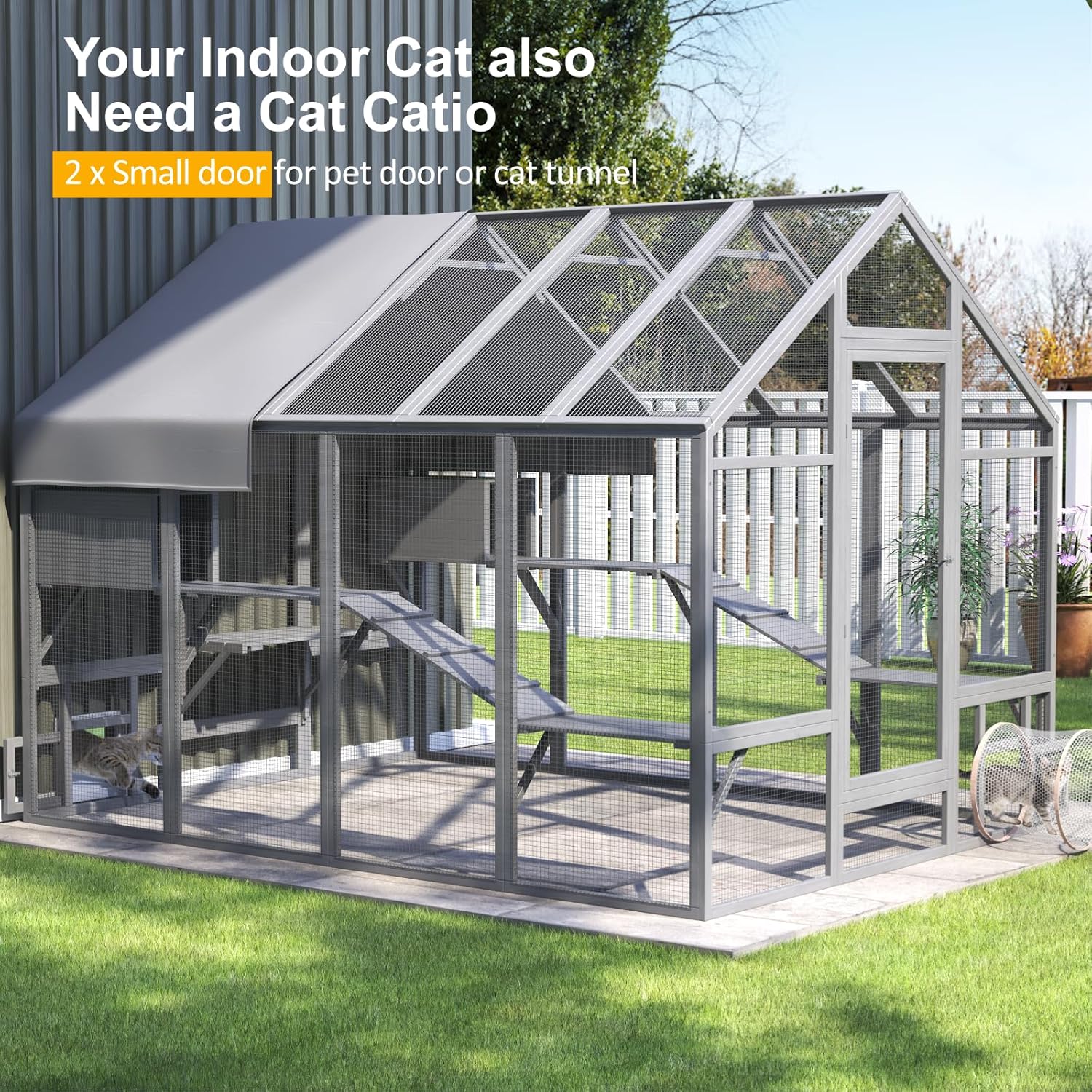 Large Cat Catio, Catio Outdoor Cat Enclosure for Multiple Cats with 7 Platforms, 2 Resting Box and 2 Bridges, Wooden Feral Cat Shelter with Waterproof and UV Proof Canopy, 71 x 71 x 97 inch