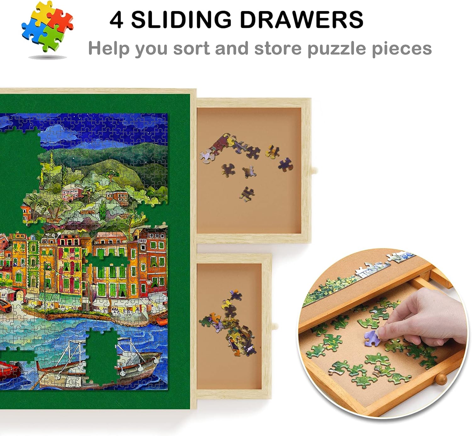 Lovinouse Upgraded 1000 Piece Wooden Puzzle Table with Holder, Jigsaw Puzzles Plateau Puzzle Board with Smooth Fiberboard Work Surface, 4 Sliding Drawers, Puzzle Storage for Teens Adults