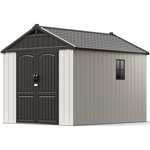 Patiowell 8 x 12 FT Plastic Outdoor Storage Shed with Floor, Resin Shed with Window and Lockable Door for Garden, Backyard, Tool Storage Use, Easy to Install in Beige (Kick-it Shed)