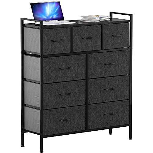 YITAHOME 9-Drawer Fabric Dresser, Furniture Storage Tower Cabinet, Organizer for Bedroom, Living Room, Hallway, Closet & Nursery, Sturdy Steel Frame, Wooden Top, Easy-to-Pull Fabric Bins(Light Grey)