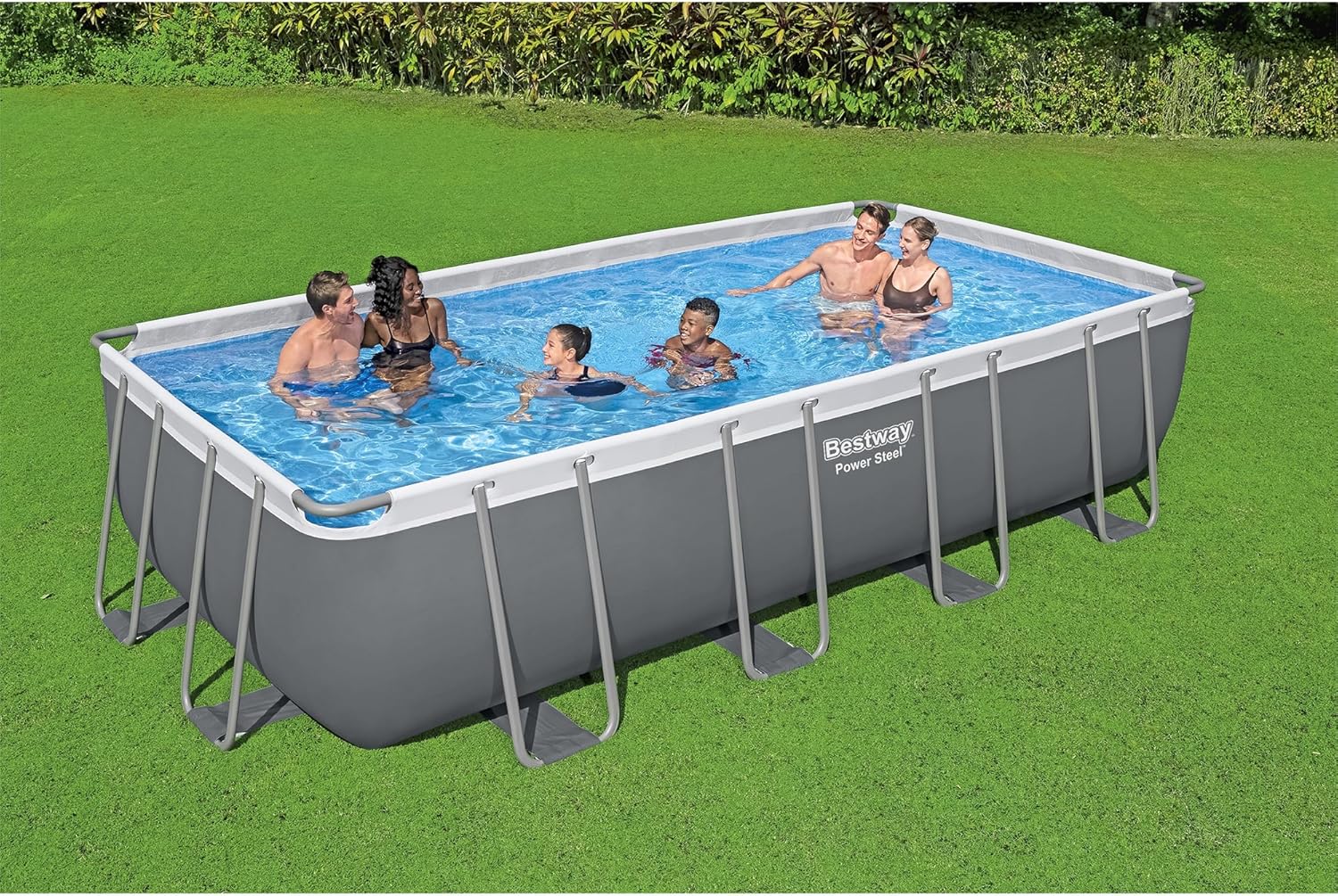 Bestway Power Steel 18' x 9' x 48" Rectangular Above Ground Swimming Pool Set Metal Frame Family Pool with Sand Filter Pump, Skimmer, and Vacuum,White