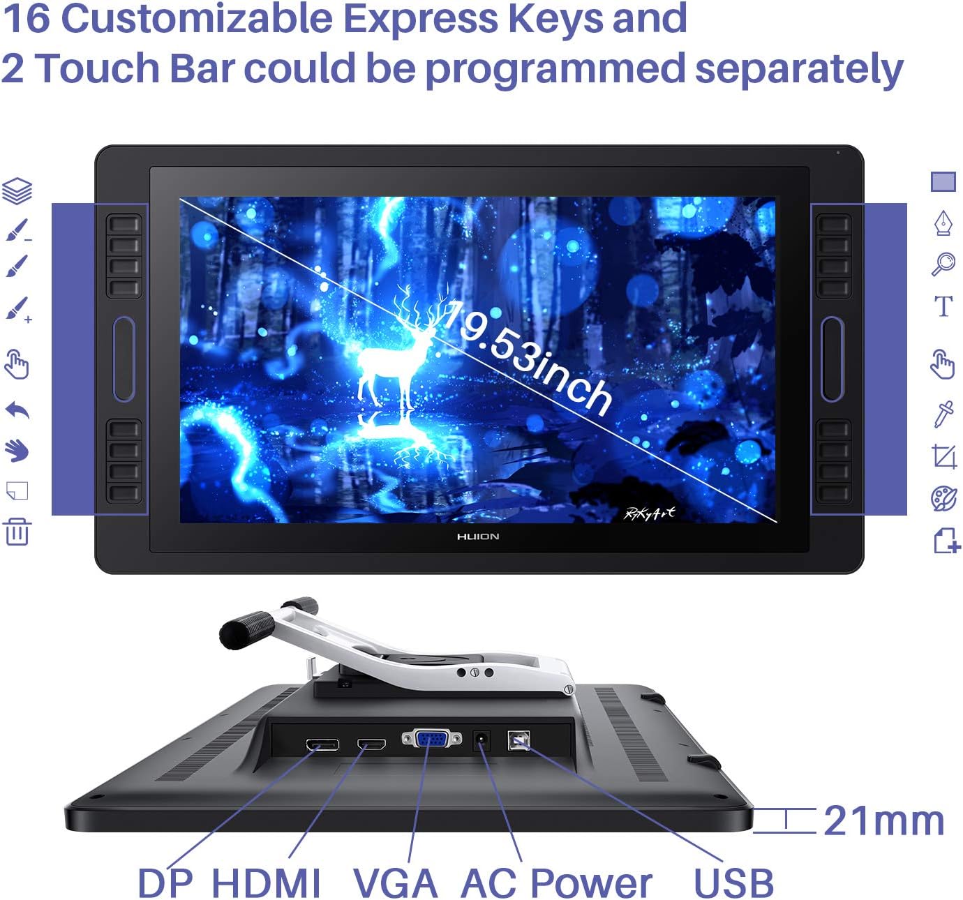 HUION KAMVAS Pro 20 Graphics Drawing Monitor Tablet with Full Laminated Screen 19.5inch Pen Display with Battery-Free Stylus Tilt 16 Express Keys 2 Touch Bars- Stand Included