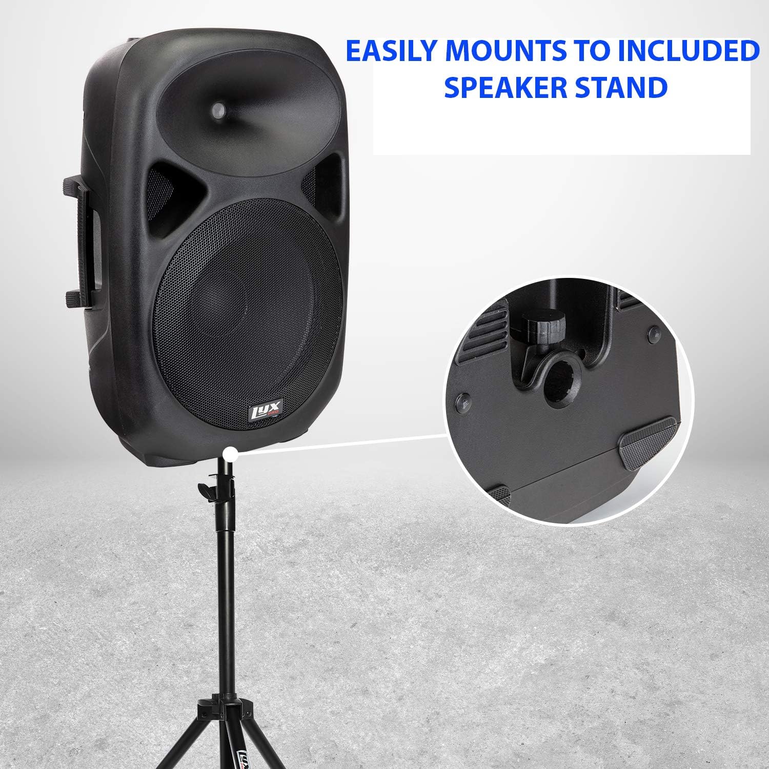 LyxPro SPA15 15 Portable PA Speaker System With Metal Tripod Stand Combo Kit Power Active Power Amplifier Equalizer Bluetooth SD Slot USB MP3 XLR 1/4 1/8 3.5mm Inputs Remote Control Carry Handles